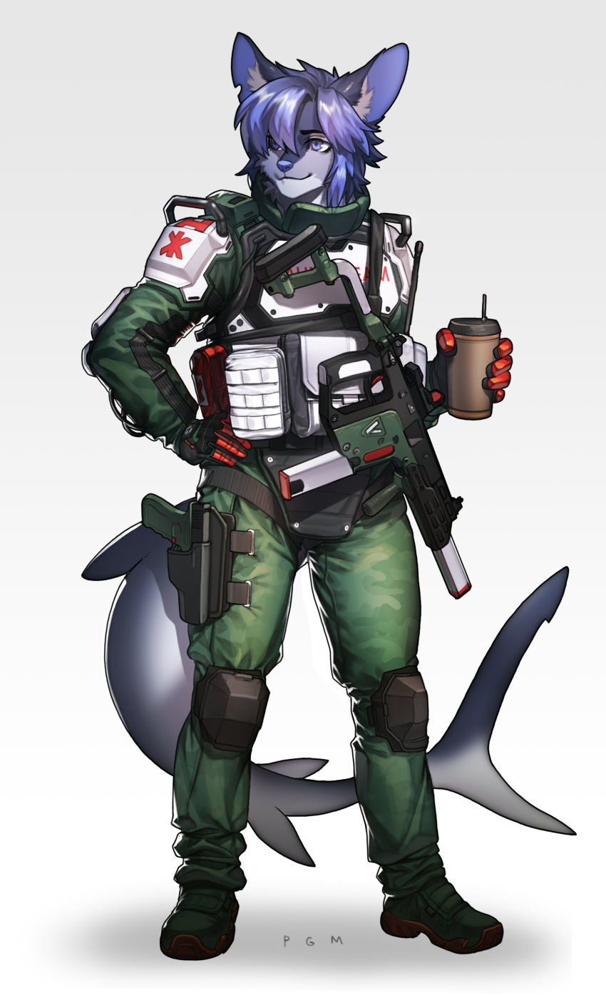 2021 absurd_res anthro blue_eyes boots bulletproof_vest canid clothing container cup eyebrows eyelashes fish footwear fur gloves gun hair hand_on_hip handwear hi_res holding_cup holding_object holster hybrid inner_ear_fluff knee_pads kriss_vector male mammal marine pgm300 ranged_weapon shark shark_tail solo submachine_gun tuft weapon