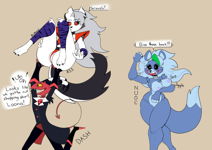 2021 animal_print animatronic anthro areola armwear big_breasts black_body black_eyes black_fur black_nose blitzo_(helluva_boss) blushing_profusely bouncing_breasts breasts canid canid_demon canine canis clothing curved_horn curvy_figure daughter demon dialogue dipstick_tail ear_piercing eyelashes eyeliner father female five_nights_at_freddy's five_nights_at_freddy's:_security_breach fluffy fluffy_tail fur genitals green_hair grey_body grey_fur grey_hair group hair hellhound helluva_boss hi_res horn imp legwear long_hair loona_(helluva_boss) machine makeup male mammal markings nipples notched_ear nude parent piercing pink_areola pink_nipples public public_nudity purple_armwear purple_body purple_clothing purple_fur purple_hair purple_legwear pussy pussy_floss red_clothing red_eyes red_thong red_underwear robot roxanne_wolf_(fnaf) scottgames spade_tail speech_bubble spread_legs spreading striped_horn stripes tail_markings thick_thighs thong underwear video_games voluptuous voluptuous_female white_body white_fur wide_hips yelling yellow_eyes zebra_print zhenai