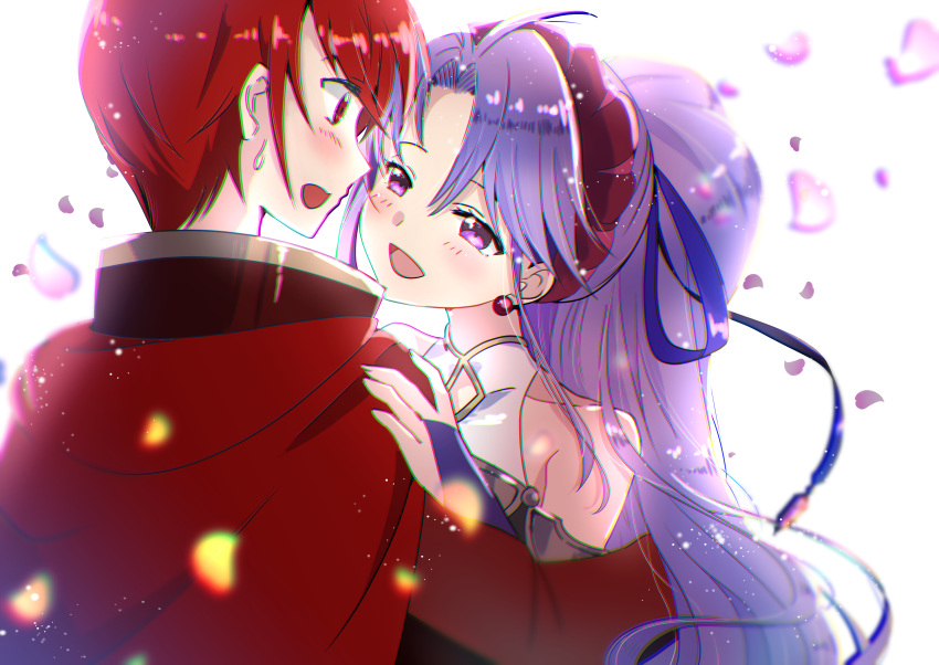 1boy 1girl absurdres azelle_(fire_emblem) babybreath63 blush cape earrings fire_emblem fire_emblem:_genealogy_of_the_holy_war hair_ribbon highres jewelry long_hair open_mouth petals ponytail purple_eyes purple_hair red_cape red_eyes red_hair ribbon short_hair tailtiu_(fire_emblem) very_long_hair white_background