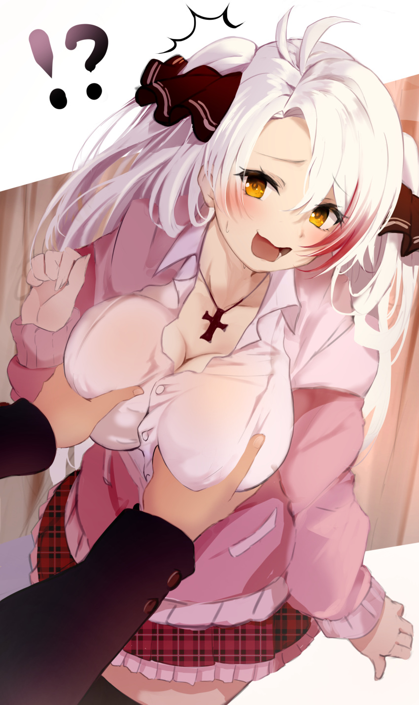 !? 1girl absurdres alternate_costume azur_lane breast_grab breasts cleavage cross cross_necklace grabbing highres jewelry large_breasts long_hair miniskirt multicolored_hair necklace partially_unbuttoned pink_sweater plaid plaid_skirt prinz_eugen_(azur_lane) raru_(nanaharararu) red_hair red_skirt shirt skirt streaked_hair sweater two-tone_hair white_hair white_shirt yellow_eyes