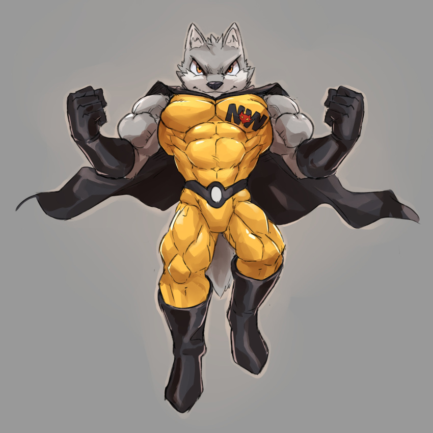 2021 abs absurd_res anthro armwear biceps big_muscles bodysuit boots canid canine canis cape clothed clothing elbow_gloves flying footwear front_view fur gloves grey_background handwear hi_res huge_muscles male mammal muscular muscular_anthro muscular_male navel_outline obliques pecs quads simple_background skinsuit solo superhero superhero_costume text text_on_clothing tight_clothing tuft waddledox wolf