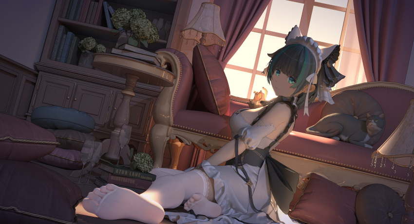 1girl :3 animal_ears aqua_eyes aqua_hair artist_name azur_lane back_bow bare_shoulders book bookshelf bow breasts cat cat_ears character_name cheshire_(azur_lane) couch detached_sleeves dress fake_animal_ears frilled_hairband frilled_ribbon frills from_side full_body grey_cat grey_hair hairband highres indoors lace-trimmed_legwear lace_trim lamp large_breasts long_ribbon looking_at_viewer maid maid_headdress medium_hair multicolored_hair pillow puffy_detached_sleeves puffy_sleeves purple_apron ribbon sitting soles solo streaked_hair thighhighs two-tone_hair white_dress white_legwear window wrist_cuffs yellow_eyes yuma_(594986561)