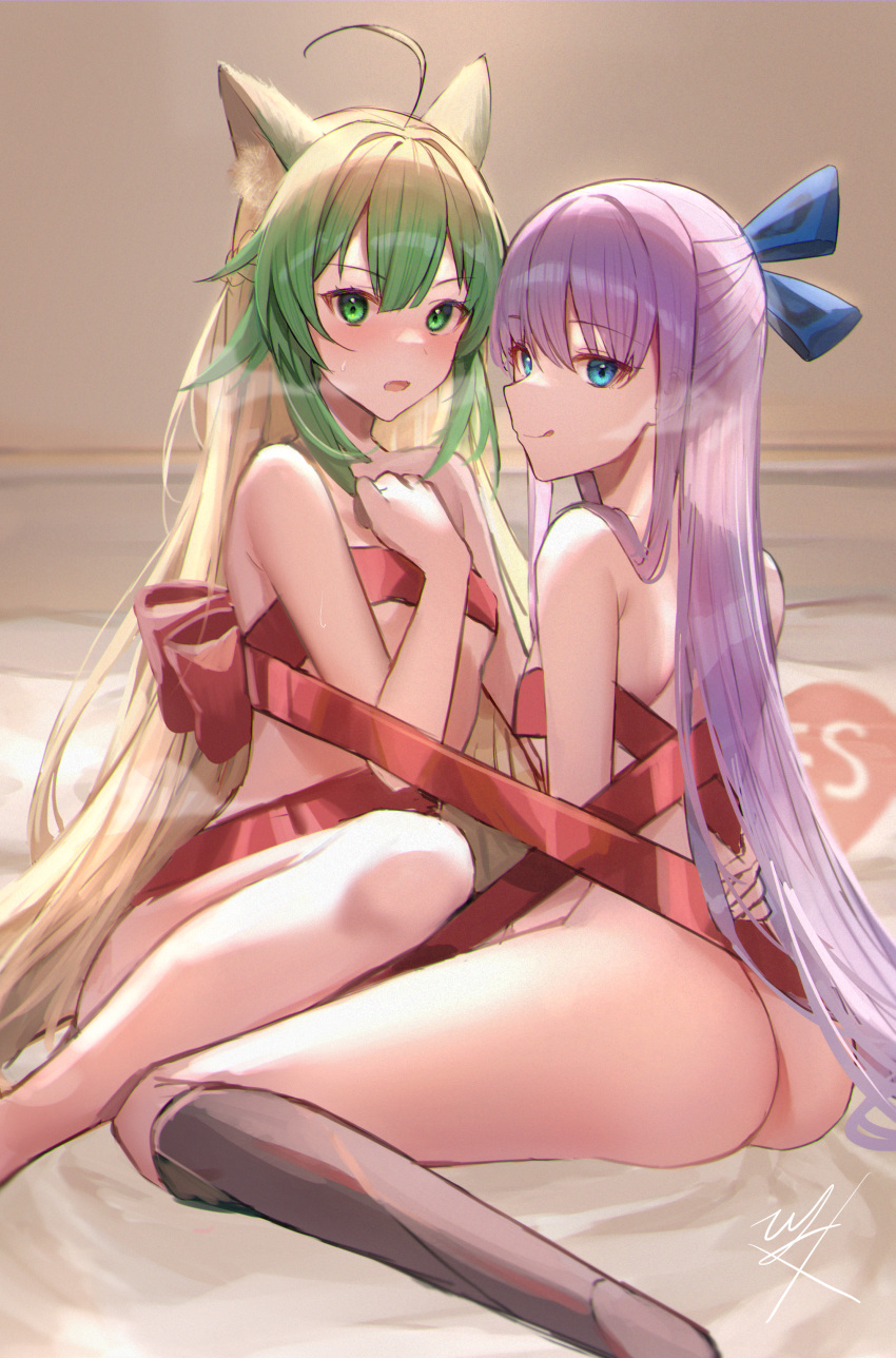2girls absurdres animal_ears ass atalanta_(fate) back bangs blonde_hair blue_eyes blue_ribbon blush braid breasts cat_ears convenient_censoring fate/apocrypha fate/extra fate/extra_ccc fate_(series) french_braid gradient_hair green_eyes green_hair hair_ribbon highres hitomin_(ksws7544) licking_lips long_hair looking_at_viewer medium_breasts meltryllis_(fate) multicolored_hair multiple_girls nude open_mouth prosthesis prosthetic_leg purple_hair red_ribbon ribbon small_breasts smile thighs tongue tongue_out very_long_hair