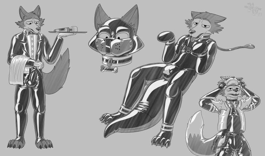 2021 4_toes absurd_res animal_mask anthro bdsm beastars begging begging_pose black_tie_(suit) bodysuit bondage bound bulge canid canine canis chain claws clothed clothing collar costume digital_drawing_(artwork) digital_media_(artwork) dipstick_tail feet genital_outline glistening grey_background harness hi_res hitachi_magic_wand latex_clothing leash legoshi_(beastars) male mammal markings mask multiple_images name_tag nintendo penis_outline petplay plaingermanica platter pose pup_mask puppyplay roleplay rubber sex_toy simple_background skinsuit solo spikes standing star_fox suit tail_markings text tight_clothing toe_claws toes vibrator video_games wand_vibrator wolf wolf_o'donnell