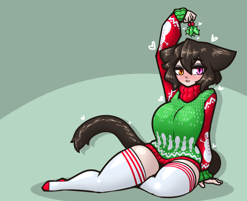 &lt;3 animal_humanoid big_breasts breasts cat_humanoid christmas clothing felid felid_humanoid feline feline_humanoid female hi_res holidays humanoid legwear limebreaker mammal mammal_humanoid mistletoe plant solo thick_thighs thigh_highs