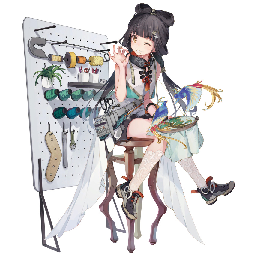 1girl bangs black_hair blunt_bangs dress embroidery_hoop eyebrows_visible_through_hair full_body game_cg girls'_frontline girls'_frontline_neural_cloud grin hair_ornament highres holding lace lace_legwear long_hair looking_at_viewer mouth_hold official_art one_eye_closed plant potted_plant qbu-88_(girls'_frontline) safety_pin scissors sewing shoes shorts shuzi sitting smile sneakers solo spool stool tape_measure thread transparent_background twintails white_dress white_legwear yellow_eyes