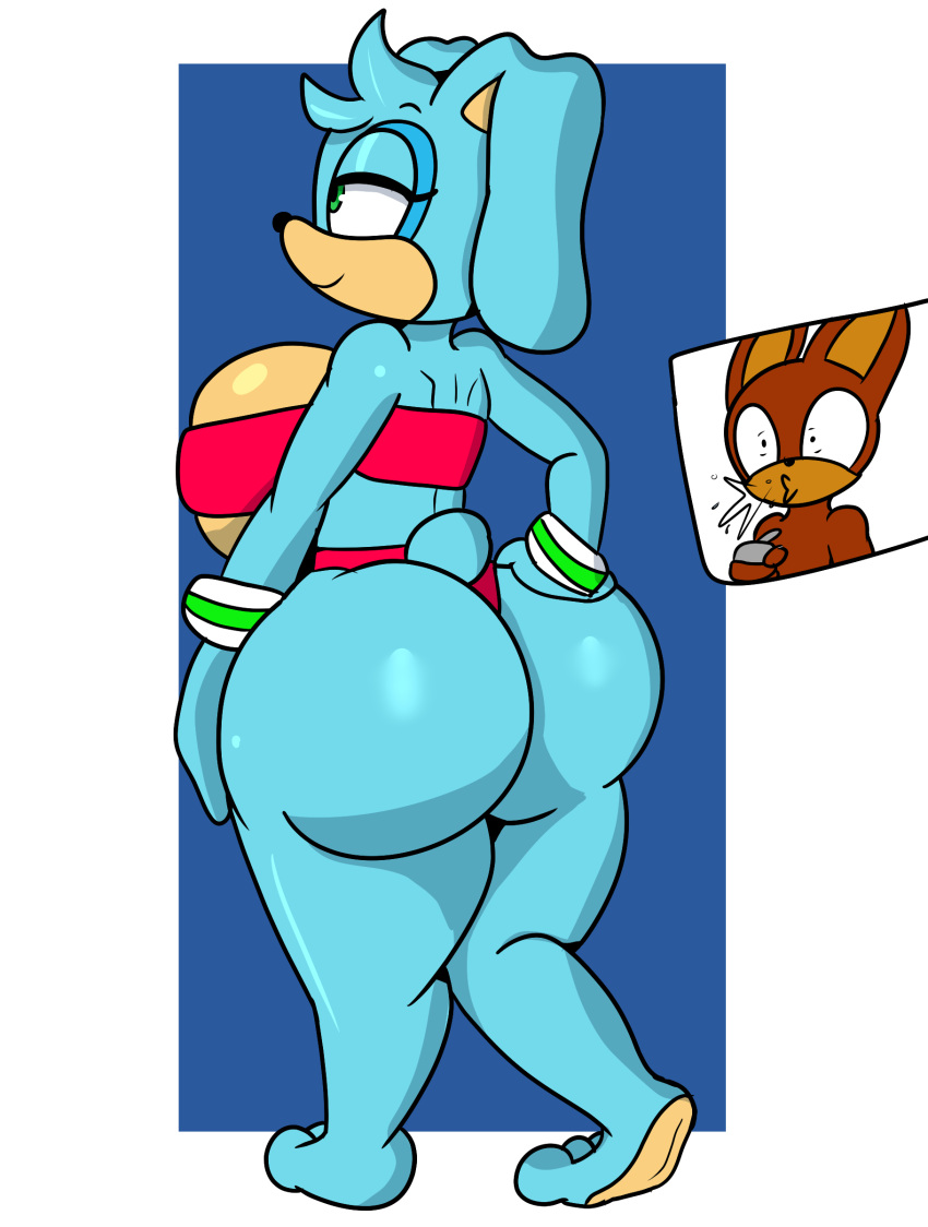 absurd_res anthro barefoot big_breasts big_butt blue_body blue_fur breasts butt cake_the_rabbit_(dezmine21) clothed clothing curvy_figure dezmine21 digital_media_(artwork) fan_character feet female fur green_eyes hair hand_on_hip hi_res huge_breasts huge_butt huge_thighs lagomorph leporid looking_away mammal pose rabbit sega shaded side_boob simple_background simple_shading smile solo sonic_the_hedgehog_(series) spit-take thick_thighs video_games voluptuous wide_hips wristband