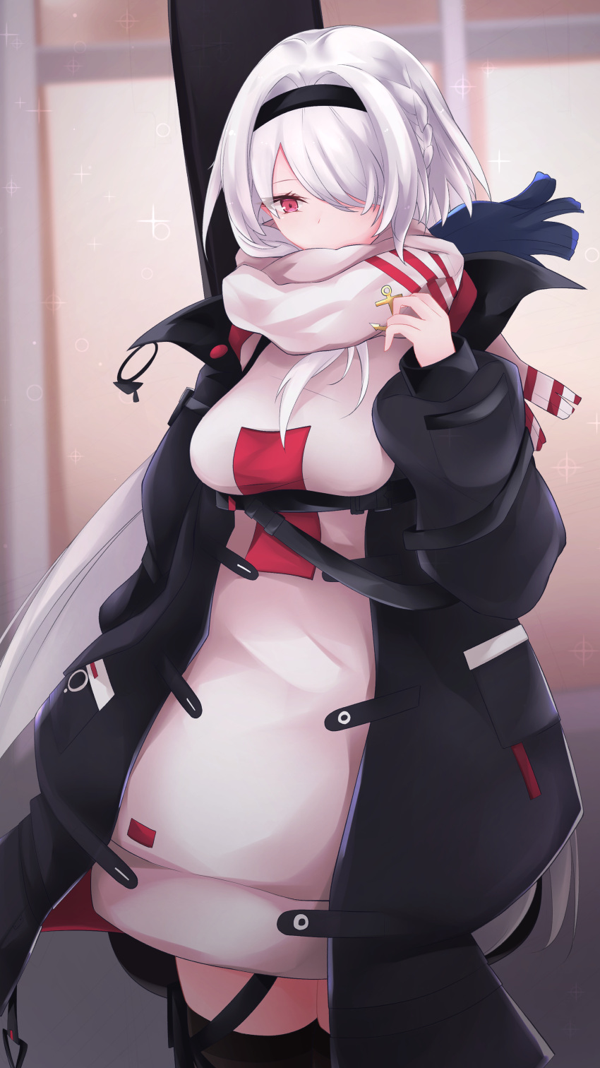 1girl absurdres anchor_ornament azur_lane black_coat black_hairband black_legwear breasts coat colorado_(azur_lane) colorado_(traveling_melody)_(azur_lane) guitar_case hairband highres instrument_case instrument_on_back long_hair medium_breasts official_alternate_costume one_eye_covered open_clothes open_coat osatou_(soul_of_sugar) red_eyes scarf scarf_over_mouth solo standing sweater thighhighs very_long_hair white_hair white_scarf white_sweater