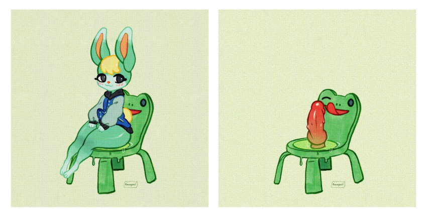 anal anal_penetration animal_crossing animate_inanimate anthro blonde_hair bottomless bulge clothed clothing comic_panel dildo dildo_sitting froggy_chair hair hi_res lagomorph leporid looking_at_viewer male mammal masturbation nintendo penetration rabbit resinger17 sasha_(animal_crossing) sex_toy sex_toy_in_ass sex_toy_insertion signature sitting solo video_games