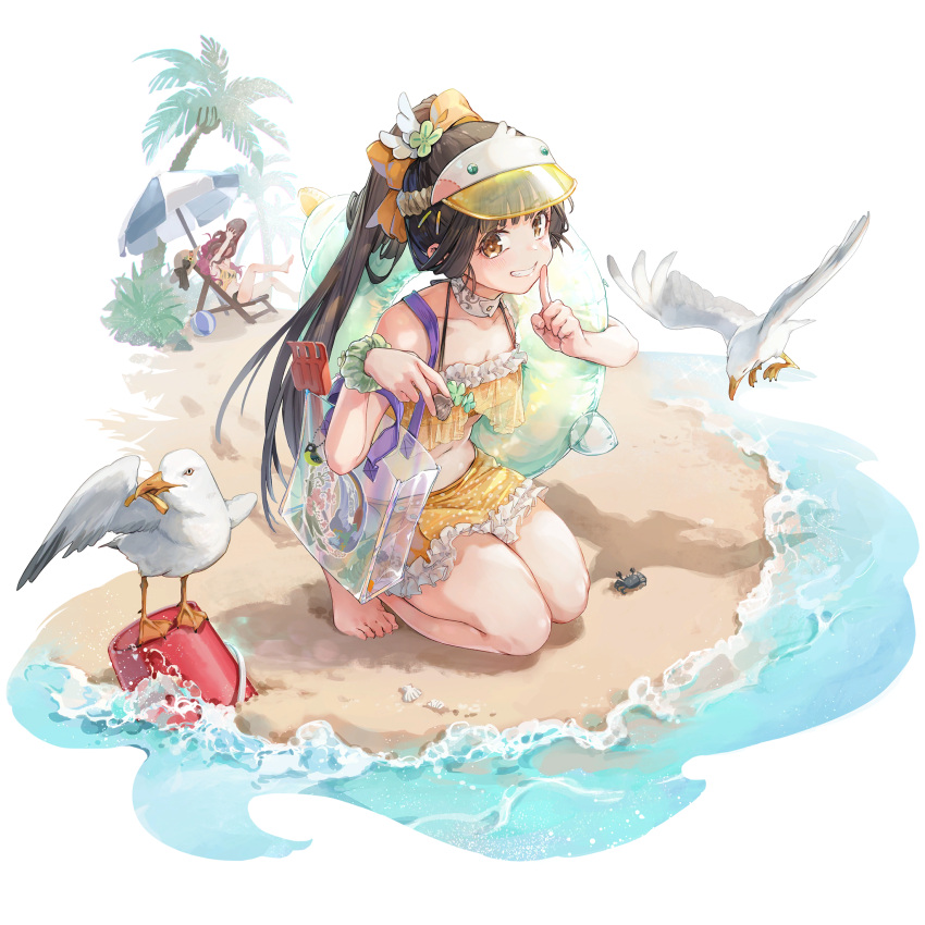 2girls bag barefoot beach bird bracelet brown_eyes brown_hair bucket crab finger_to_mouth frilled_swimsuit frills full_body game_cg girls'_frontline girls'_frontline_neural_cloud grin hair_ornament highres jewelry kneeling light_blush long_hair looking_at_viewer multiple_girls navel ocean octopus official_art outdoors ponytail qbu-88_(girls'_frontline) sand seagull seashell shell shuzi smile solo_focus swimsuit transparent_background visor_cap wz.29_(girls'_frontline)