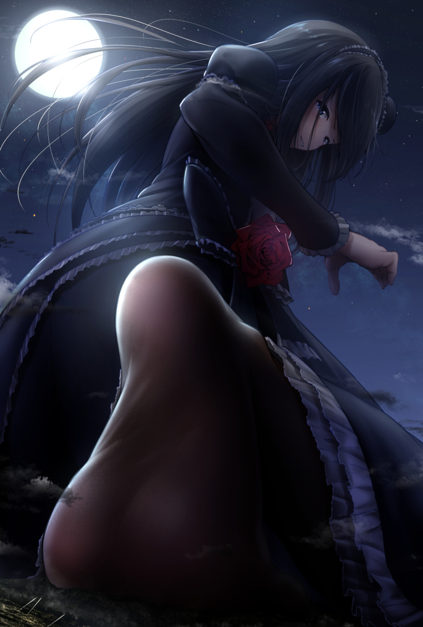 1girl bangs black_bow black_dress black_legwear blue_eyes bow city cloud cloudy_sky commentary_request destruction doregusu dress dutch_angle feet flower frilled_dress frilled_hairband frills giant giantess gothic_lolita hairband hand_up highres juliet_sleeves kneeling lolita_fashion long_dress long_hair long_sleeves looking_at_viewer looking_back looking_down moon night night_sky original pantyhose parted_lips puffy_sleeves rose shadow shiny shiny_clothes shiny_hair sky smile soles solo star_(sky) starry_sky