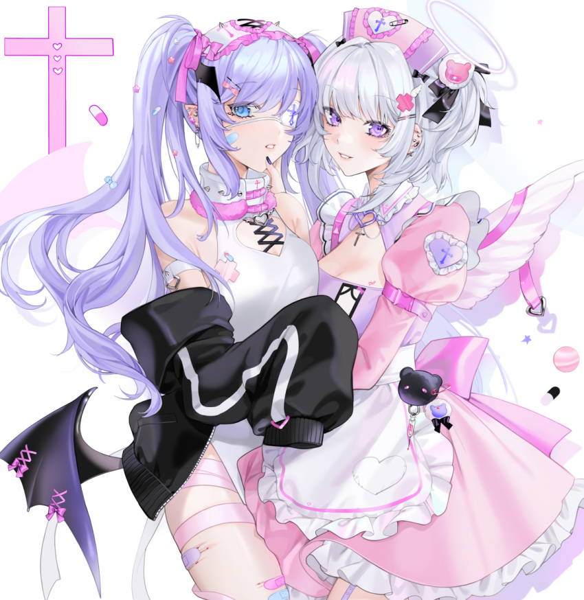 2girls angel_and_devil angel_wings apron bandaid bandaid_on_cheek black_jacket blood blue_eyes breasts cleavage collar corset_piercing cross cuts demon_wings dress ear_piercing eyebrows_visible_through_hair eyepatch fang frilled_apron frilled_collar frilled_dress frills halo hand_on_another's_cheek hand_on_another's_face hat injury jacket jacket_partially_removed juliet_sleeves large_breasts latin_cross long_hair long_sleeves maid medium_breasts medium_hair multiple_girls nurse_cap original piercing pill pink_dress pointy_ears puffy_sleeves purple_eyes purple_hair safety_pin saga666 silver_hair simple_background sleeves_past_fingers sleeves_past_wrists syringe waist_apron white_background wings