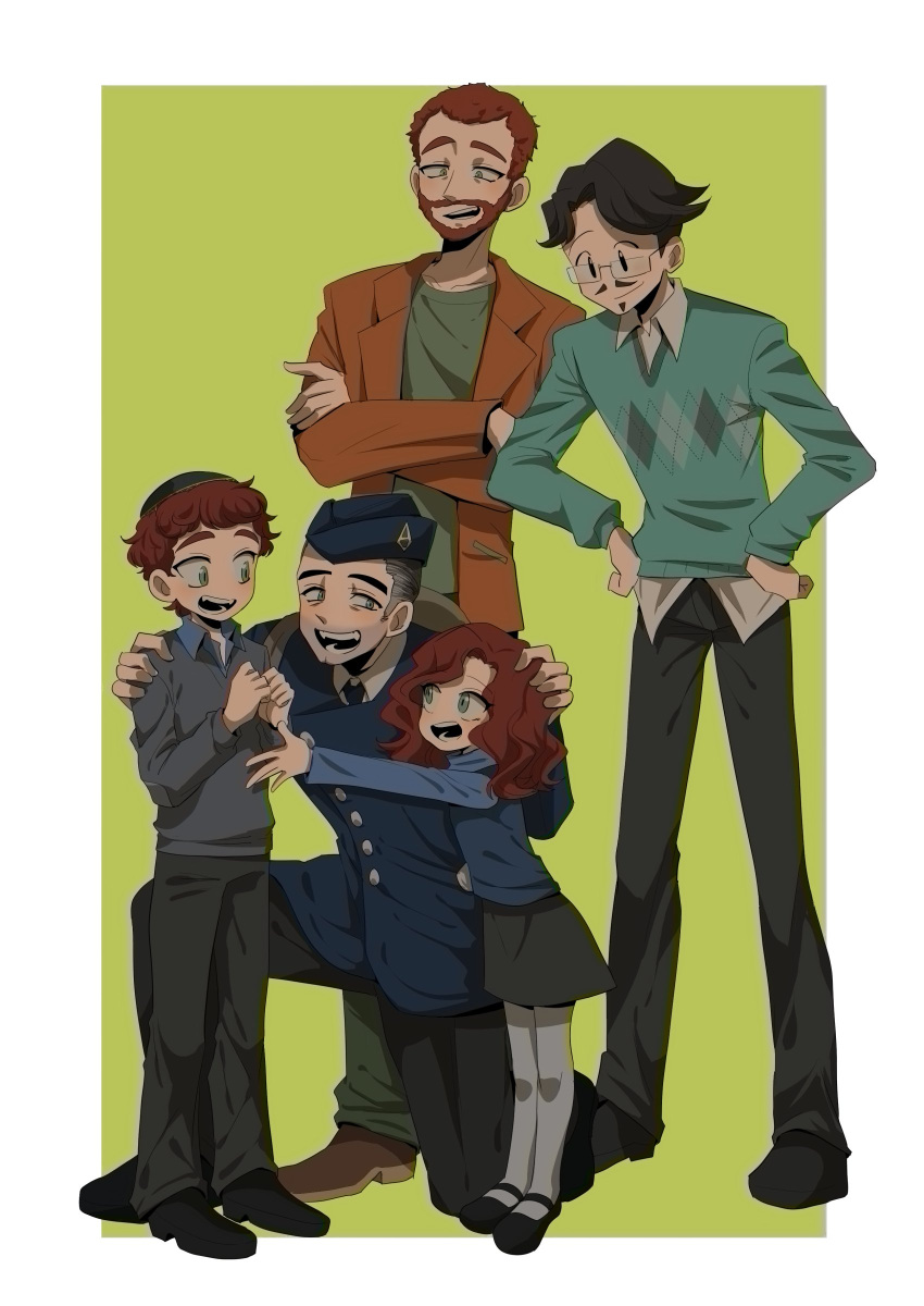 1girl 4boys absurdres beard black_hair blue_eyes brother_and_sister brothers crossed_arms facial_hair father_and_daughter father_and_son goatee green_eyes hat highres ike_broflovski jacket kyle_broflovski military military_hat military_uniform multiple_boys mustache older orange_jacket peaked_cap red_hair short_hair siblings skirt south_park south_park:_post_covid spoilers stan_marsh sweater uniform yamaka