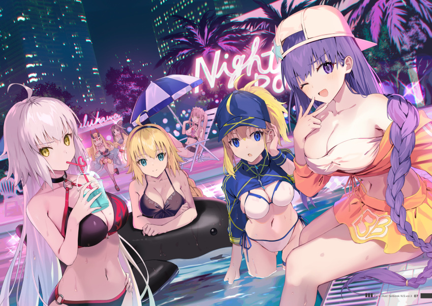 6+girls ahoge artoria_pendragon_(fate) baseball_cap bb_(fate) bb_(swimsuit_mooncancer)_(fate) bikini braid breasts chair cup disposable_cup drinking_straw fate/grand_order fate_(series) hairband hat highres horns ibaraki_douji_(fate) ibaraki_douji_(swimsuit_lancer)_(fate) inflatable_orca inflatable_toy jeanne_d'arc_(alter_swimsuit_berserker)_(fate) jeanne_d'arc_(fate) jeanne_d'arc_(swimsuit_archer)_(fate) large_breasts long_hair lounge_chair medb_(fate) medb_(swimsuit_saber)_(fate) mocha_(mokaapolka) multiple_girls mysterious_heroine_xx_(fate) neon_lights night one_eye_closed palm_tree parasol ponytail pool smile swimsuit tree umbrella ushiwakamaru_(fate) ushiwakamaru_(swimsuit_assassin)_(fate) wet