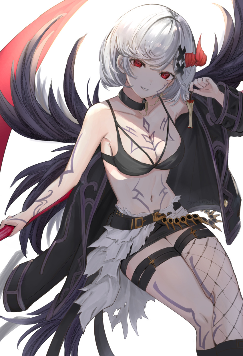 1girl absurdres apple apple_core belt black_bra black_coat black_skirt bra breast_tattoo breasts cleavage coat collar crossed_legs djeeta_(granblue_fantasy) facial_tattoo fishnet_legwear fishnets food forbidden_alter_ego_(granblue_fantasy) fruit granblue_fantasy hair_ornament highres holding holding_food holding_fruit holding_scythe horns invisible_chair leg_tattoo looking_at_viewer medium_breasts microskirt nakonbu navel parted_lips red_eyes scythe short_hair single_horn single_thighhigh sitting skirt solo stomach_tattoo tattoo teeth thigh_strap thighhighs twitter_username underwear white_hair x_hair_ornament