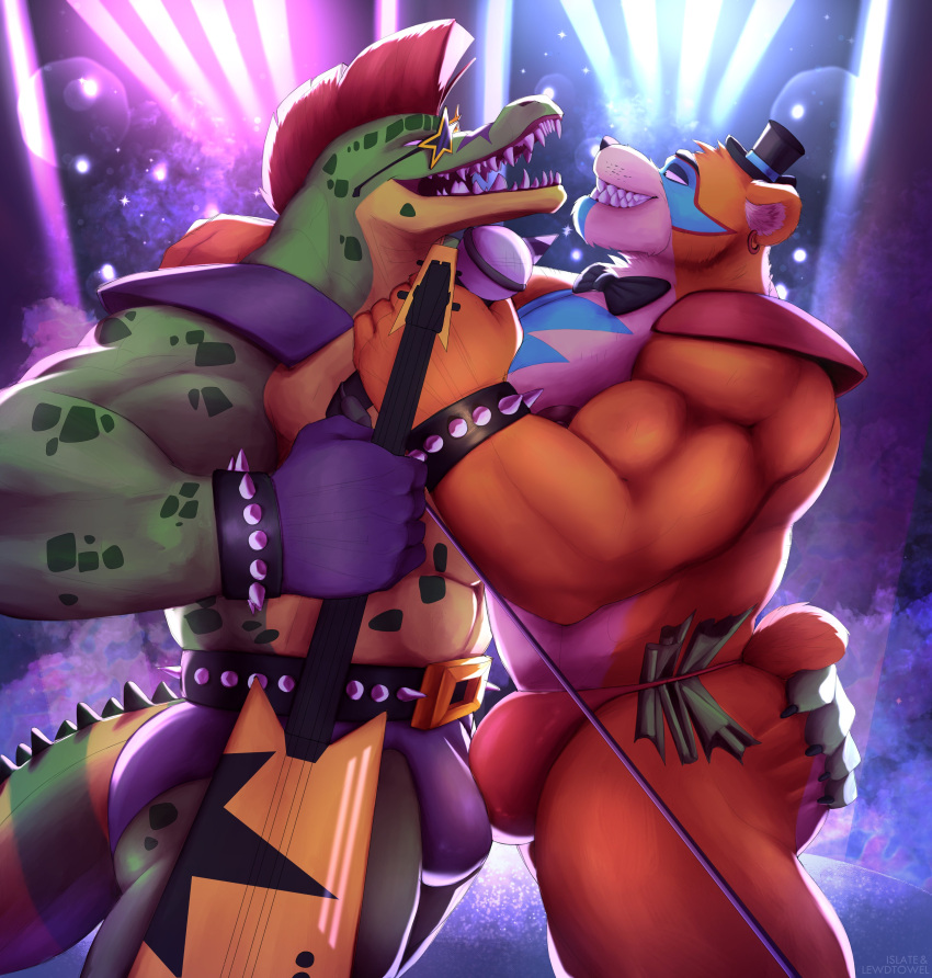 2021 abs absurd_res alligator alligatorid animatronic anthro anthro_on_anthro belt biceps big_bulge big_muscles bow_tie bracelet bulge bulge_frottage butt butt_grab butt_squish clothing collaboration crocodilian duo ear_piercing ear_ring embrace eye_contact eyewear five_nights_at_freddy's five_nights_at_freddy's:_security_breach fur glamrock_freddy_(fnaf) gloves guitar hair hand_on_butt handwear hat headgear headwear hi_res holding_guitar holding_microphone holding_object islate_(artist) jewelry looking_at_another machine male male/male mammal markings microphone mohawk money montgomery_gator_(fnaf) muscular muscular_anthro muscular_male musical_instrument navel nipples open_mouth open_smile pecs piercing plucked_string_instrument reptile robot scales scalie scottgames sharp_teeth shoulder_pads side_view smile speedo spiked_belt spiked_bracelet spiked_tail spikes spikes_(anatomy) squish standing string_instrument sunglasses swimwear teeth thong top_hat towelthebear tuft underwear ursid video_games