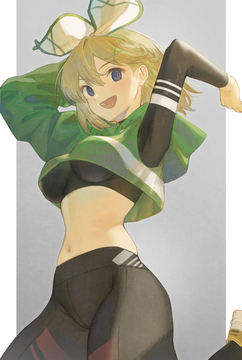 1girl arms_up asymmetrical_clothes bangs black_pants blonde_hair blue_eyes bow braid breasts commission crop_top french_braid fujie-yz hair_between_eyes hair_bow hair_ornament highres hood hood_down long_sleeves medium_breasts midriff navel open_mouth original pants short_hair simple_background skeb_commission solo two-tone_background underboob x_hair_ornament