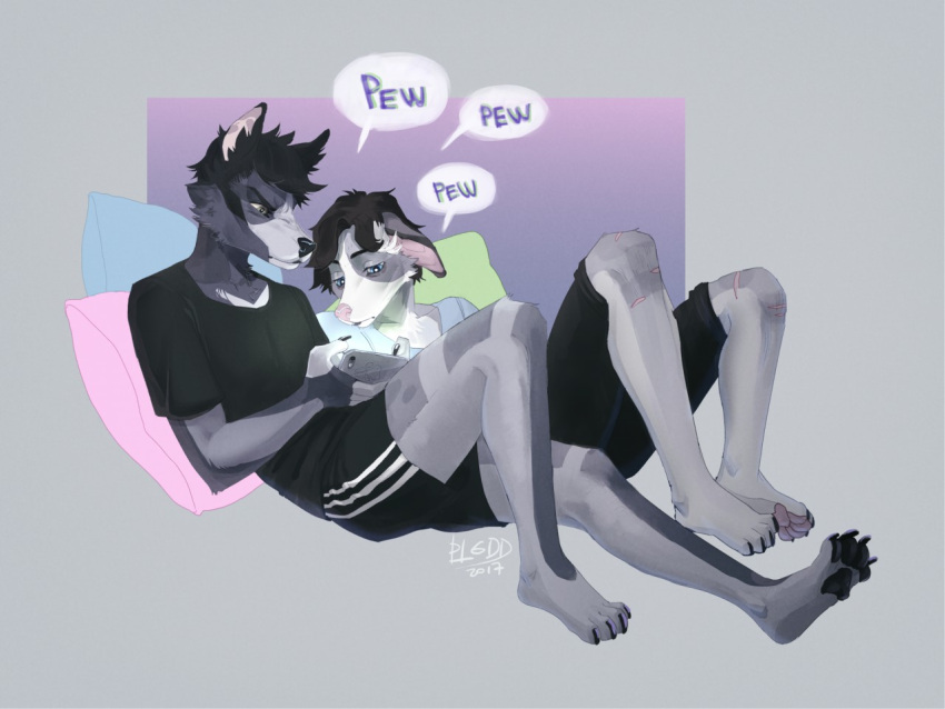 2017 4_toes 5_fingers anthro black_hair blue_eyes breasts canid canine canis clothed clothing digital_media_(artwork) domestic_dog duo eyebrows eyelashes feet female fingers fur grey_body grey_fur hair mammal plgdd toes