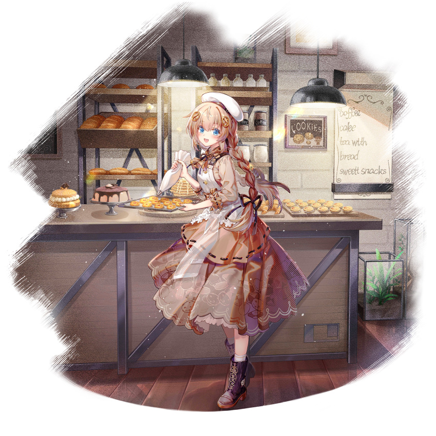 1girl :d apron bakery baking blue_eyes boots braid bread brown_dress brown_hair cake cookie croissant dress english_text engrish_text fnc_(girls'_frontline) food full_body game_cg girls'_frontline girls'_frontline_neural_cloud hair_ornament hat highres holding holding_tray light_blush long_hair looking_at_viewer official_art open_mouth pastry_bag ranguage shop smile solo transparent_background tray twin_braids white_headwear