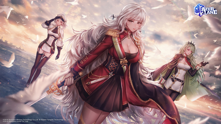 3girls azur_lane belt black_belt black_cape black_corset black_dress black_garter_straps black_gloves black_legwear breasts cape capelet cleavage cleavage_cutout clothing_cutout cloud cloudy_sky corset dress epaulettes full_body garter_straps giulio_cesare_(azur_lane) gloves gold_trim green_hair half_gloves hat highres holding holding_sword holding_weapon italian_flag jacket large_breasts littorio_(azur_lane) long_hair looking_at_viewer medal medium_breasts medium_hair microskirt multicolored_hair multiple_girls necktie pantyhose peaked_cap pleated_skirt puffy_sleeves red_eyes red_hair red_jacket red_necktie ship silver_hair skirt sky sword thighhighs two-tone_dress two-tone_hair very_long_hair vittorio_veneto_(azur_lane) walking walking_on_liquid watercraft weapon white_bird white_capelet white_dress white_gloves white_hair white_headwear yuli_(yulipo)