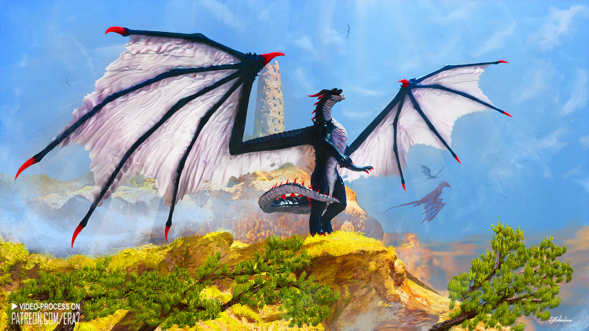 16:9 2021 2_horns 5_toes amazing_background ambient_dragon ambiguous_gender arm_spikes big_tail big_wings blue_body blue_scales blue_sky claws cloud countershade_face countershade_neck countershade_scales countershade_tail countershade_torso countershading day detailed_background digital_media_(artwork) digital_painting_(artwork) digitigrade dragon english_text era-7 feet feral flying grass group hi_res horn huge_wings light light_beam long_horn long_tail membrane_(anatomy) membranous_wings mountain on_hind_legs open_mouth outside plant quadruped red_claws red_eyes red_horn red_spikes scales scalie shoulder_spikes signature sky solo_focus spiked_tail spikes spikes_(anatomy) spread_wings standing sunbeam sunlight text thick_tail toe_claws toes tower tree url wallpaper western_dragon white_body white_countershading white_scales white_wings widescreen wing_claws wings