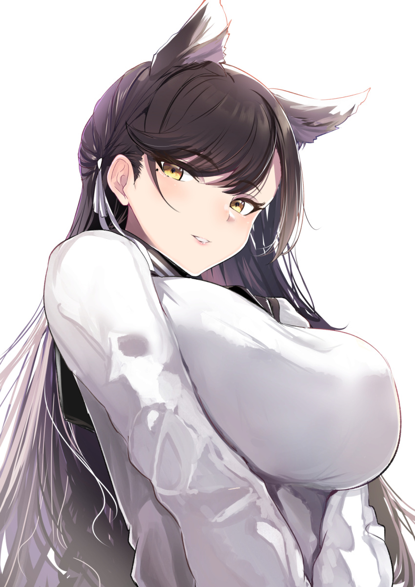 1girl animal_ears atago_(azur_lane) atago_(school_traumerei)_(azur_lane) azur_lane breasts cardigan extra_ears from_below highres large_breasts long_hair looking_down mole mole_under_eye official_alternate_costume ribbon schreibe_shura simple_background solo v_arms white_background white_cardigan white_ribbon yellow_eyes