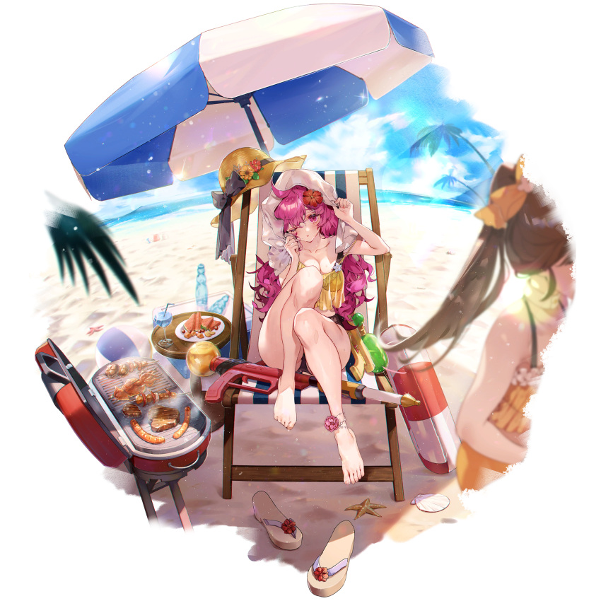 2girls ahoge anklet barefoot beach beach_chair beach_umbrella bikini black_bikini breasts cleavage collarbone flower frilled_bikini frills full_body game_cg girls'_frontline girls'_frontline_neural_cloud grill hair_flower hair_ornament hat hat_removed headwear_removed highres jewelry legs lifebuoy long_hair medium_breasts multiple_girls ocean official_alternate_costume official_art on_chair one_eye_closed outdoors pink_eyes pink_hair qbu-88_(girls'_frontline) sand sandals seashell see-through shell shoes shoes_removed sitting solo_focus starfish sun_hat swimsuit transparent_background umbrella water_gun watermelon_slice wet wet_hair wz.29_(girls'_frontline)