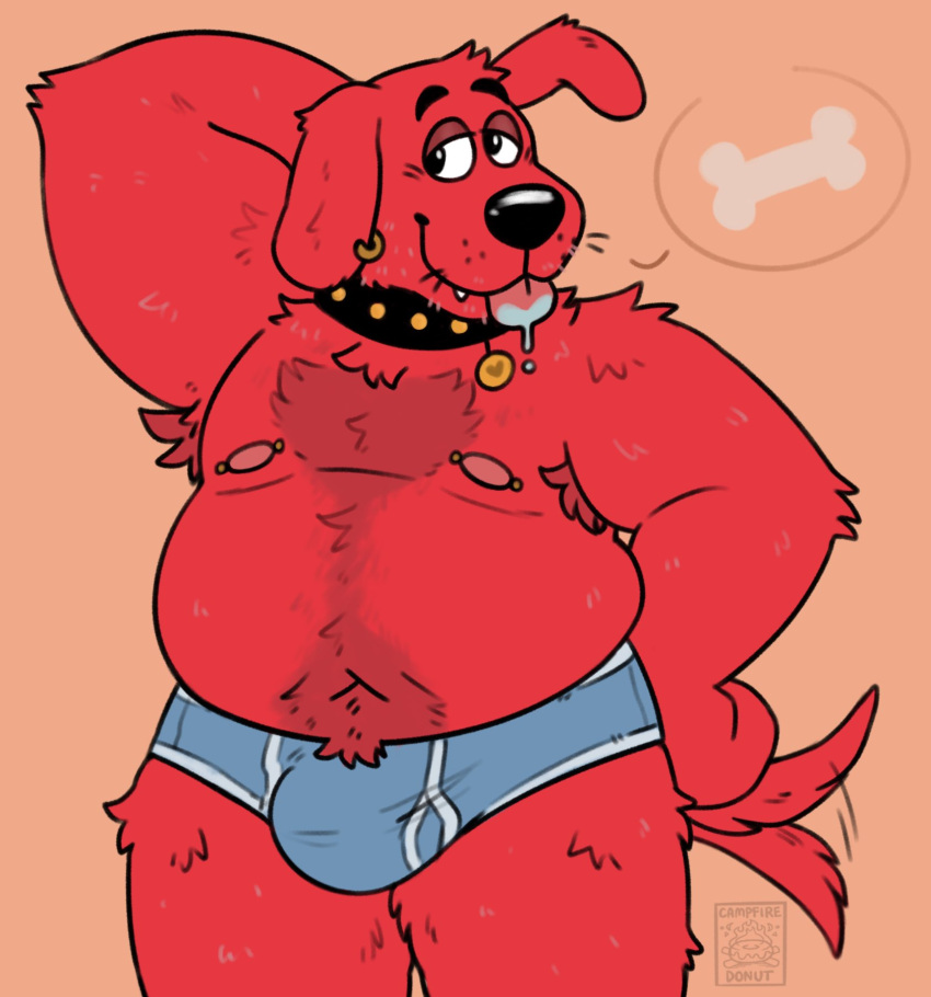 anthro anthrofied belly bulge campfire_donut canid canine canis clifford clifford_the_big_red_dog clothing collar domestic_dog ear_piercing ear_ring fur hi_res lidded_eyes male mammal navel nipples overweight piercing red_body red_fur solo tail_motion tailwag underwear