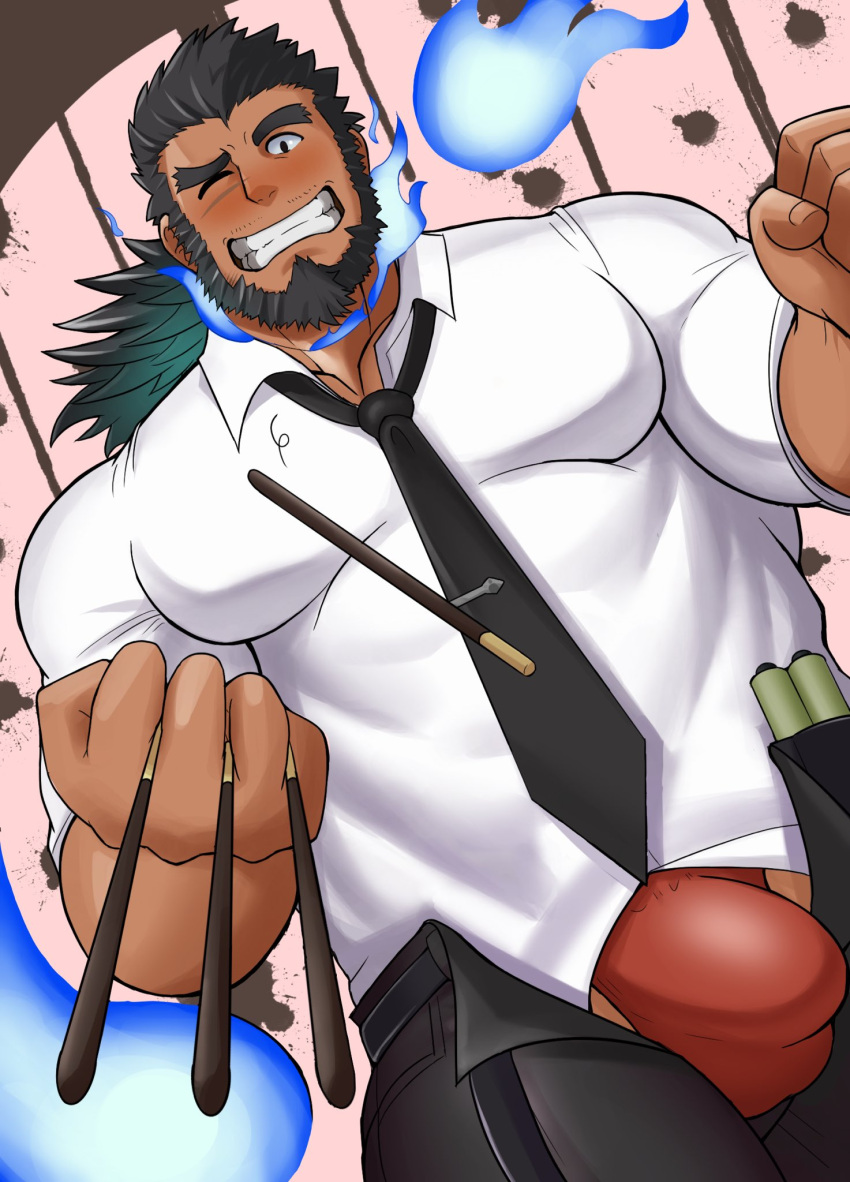 1boy bara beard between_pectorals black_hair black_necktie blue_fire blush bulge collared_shirt dark-skinned_male dark_skin dutch_angle facial_hair falling fire food forked_eyebrows formal grin highres holding holding_food holding_pocky incoming_food incoming_pocky_kiss large_pectorals long_hair looking_at_viewer male_focus male_underwear male_underwear_peek mature_male muscular muscular_male necktie necktie_between_pectorals official_alternate_costume open_fly pectorals pocky pocky_day red_male_underwear sandayu_(housamo) scar scar_on_cheek scar_on_face shirt smile solo thick_thighs thighs tied_hair tokyo_afterschool_summoners underwear yugyouhijiri