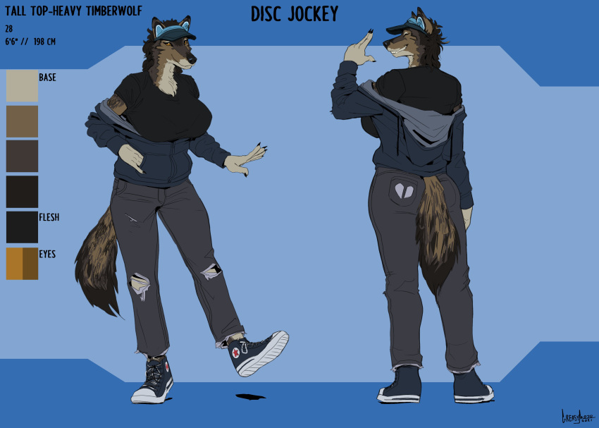 absurd_res anthro big_breasts biped breasts canid canine canis claws clothed clothing english_text female finger_claws front_view greasymojo hat headgear headwear hi_res hoodie huge_breasts mammal model_sheet on_one_leg plantigrade rear_view solo standing text topwear wolf