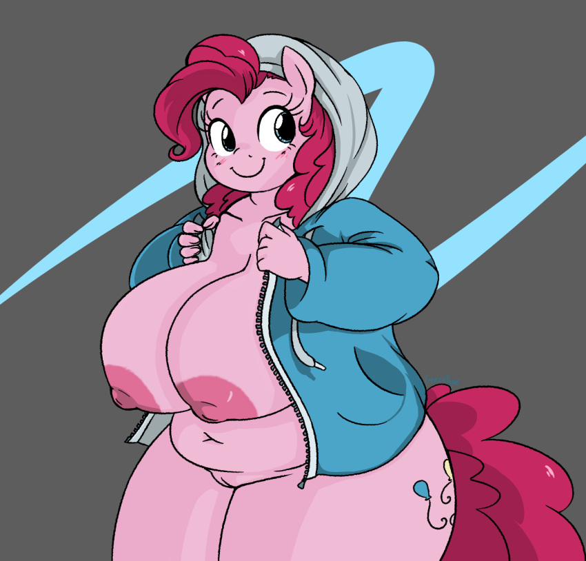 anthro belly big_breasts bottomless breasts clothed clothing equid equine female freezietype friendship_is_magic genitals hair hi_res hoodie horse huge_breasts jacket mammal mostly_nude my_little_pony open_clothing open_jacket open_topwear pink_hair pinkie_pie_(mlp) pussy slightly_chubby smile solo thick_thighs topwear