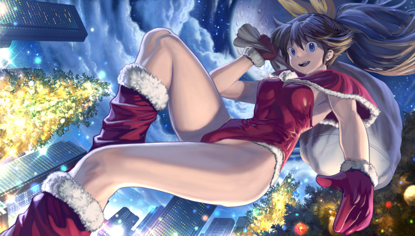 1girl black_hair blue_eyes boots building capelet christmas_tree commentary_request feet_out_of_frame from_below full_moon fur-trimmed_boots fur-trimmed_capelet fur-trimmed_gloves fur_trim gloves highres leotard long_hair looking_at_viewer moon night oggy original red_capelet red_footwear red_gloves red_leotard sack solo stack strapless strapless_leotard
