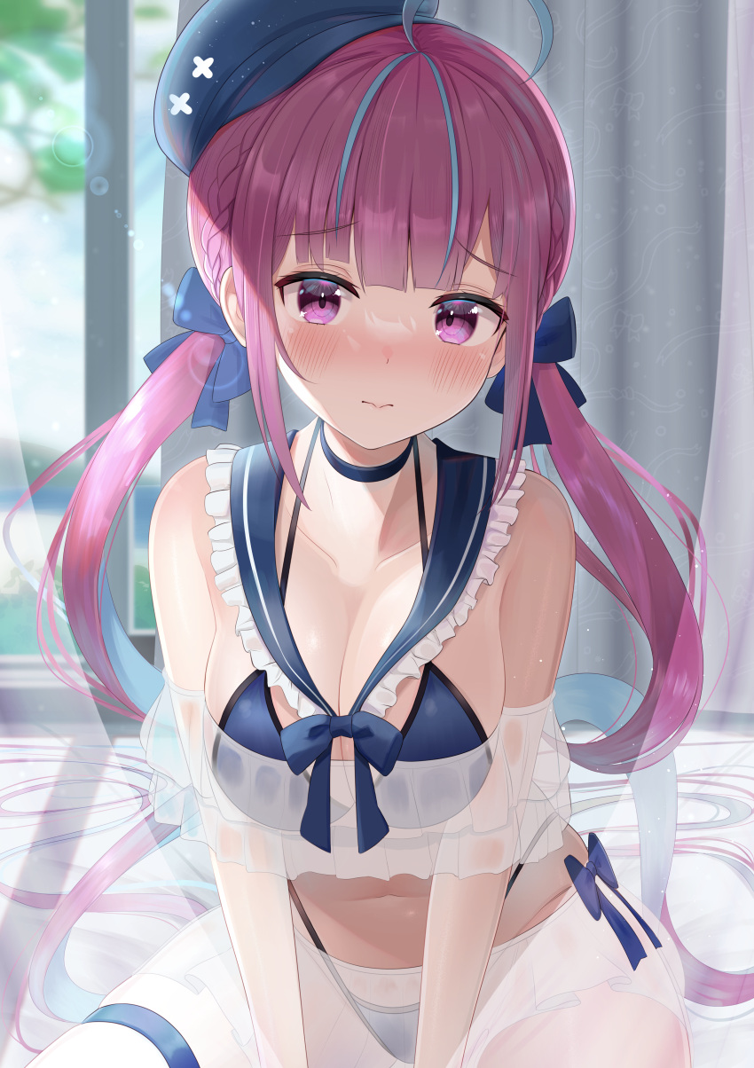 1girl absurdres ahoge blue_hair blue_headwear blush breasts closed_mouth commentary_request curtains hat highres hololive kachikachipiroo leg_garter long_hair looking_at_viewer medium_breasts minato_aqua multicolored_hair navel purple_eyes purple_hair sitting solo swimsuit twintails two-tone_hair very_long_hair virtual_youtuber window