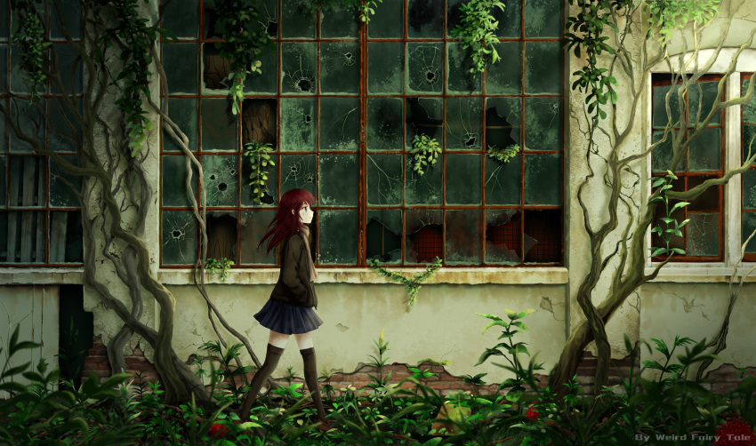 1girl absurdres bangs black_jacket blue_eyes blue_skirt brick_wall broken_glass brown_footwear cargo_pallet english_text frown full_body glass guiyi_tonghua highres ivy jacket leaf long_hair looking_ahead open_mouth original plant pleated_skirt red_hair scarf scenery shoes skirt smile solo standing thighhighs vines walking warehouse watermark window zettai_ryouiki