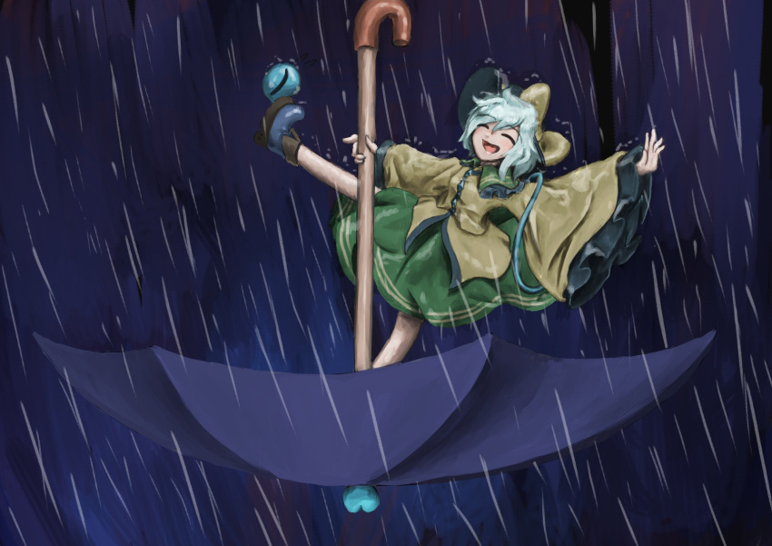 1girl :d balancing_on_foot closed_eyes dark frills green_skirt happy hat highres holding komeiji_koishi kuinde_(hham7778) leg_up light_green_hair medium_hair rain shirt skirt smile solo standing standing_on_one_leg third_eye touhou umbrella wide_sleeves yellow_shirt