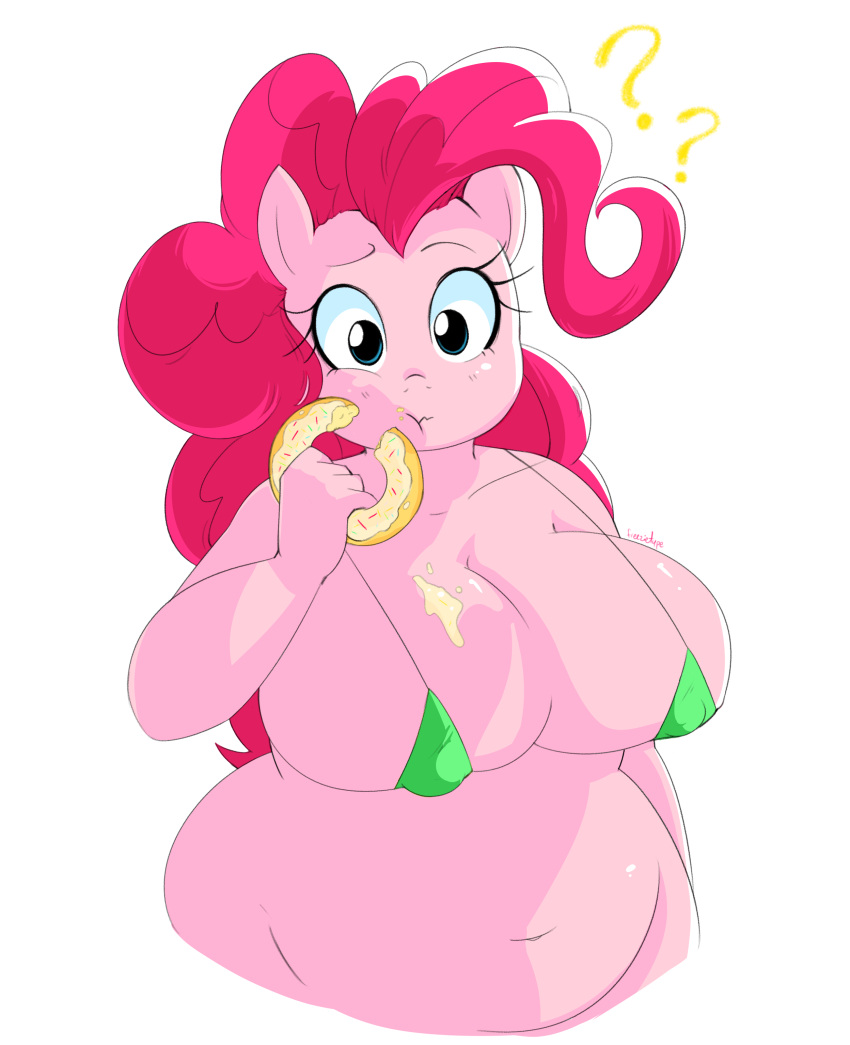 ? absurd_res anthro belly big_breasts bikini breasts clothing dessert doughnut eating equid equine female food freezietype friendship_is_magic hi_res horse huge_breasts looking_at_viewer mammal my_little_pony nipple_outline pinkie_pie_(mlp) simple_background slightly_chubby solo swimwear white_background