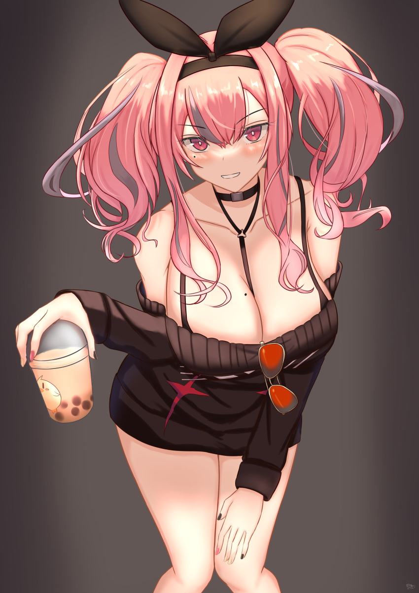 1girl absurdres azur_lane bangs bare_shoulders between_breasts black_background black_choker black_nails black_ribbon black_sweater blush bra_strap breasts bremerton_(azur_lane) bremerton_(day-off_date)_(azur_lane) bubble_tea choker cleavage collarbone commentary cowboy_shot cup disposable_cup dress elina_(eri15) eyebrows_visible_through_hair eyewear_hang eyewear_removed grey_hair grin hair_between_eyes hair_intakes hair_ornament hair_ribbon hand_on_own_thigh highres holding holding_cup knees_together_feet_apart large_breasts leaning_forward long_hair long_sleeves looking_at_viewer mole mole_on_breast mole_under_eye multicolored_hair multicolored_nails no_jacket off-shoulder_dress off-shoulder_sweater off_shoulder official_alternate_costume pink_eyes pink_hair red-tinted_eyewear ribbon sidelocks simple_background smile solo standing star_(symbol) star_print strap_between_breasts streaked_hair sweater sweater_dress teeth tinted_eyewear twintails two-tone_hair