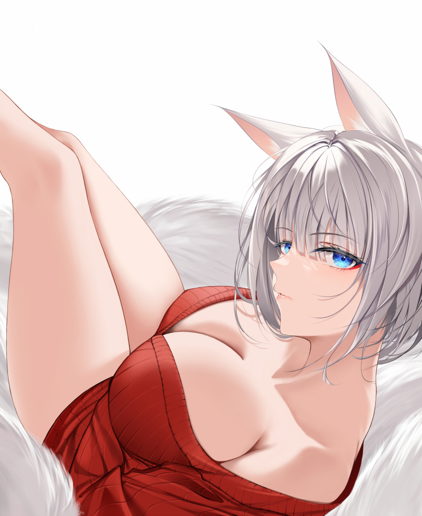 1girl animal_ear_fluff animal_ears azur_lane bangs bare_legs bare_shoulders blue_eyes breasts cleavage closed_mouth commentary_request eyebrows_visible_through_hair eyelashes eyeshadow fox_ears fox_girl fox_tail highres kaga_(azur_lane) large_breasts looking_at_viewer makeup off_shoulder red_sweater short_hair silver_hair simple_background solo sweater tail white_background xi_ying