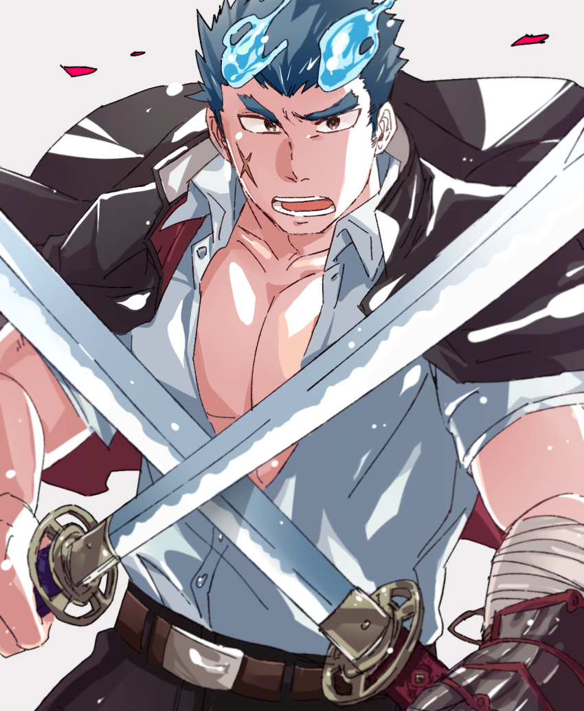 1boy alternate_pectoral_size bara blue_eyes blue_fire cowboy_shot crossed_swords dual_wielding fiery_hair fire forked_eyebrows gakuran highres holding jacket jacket_on_shoulders large_pectorals looking_at_viewer male_focus muscular muscular_male pectoral_cleavage pectorals scar scar_on_cheek scar_on_face school_uniform short_hair sideburns solo sword thick_eyebrows toji_(housamo) tokyo_afterschool_summoners weapon wind zaoanjisi