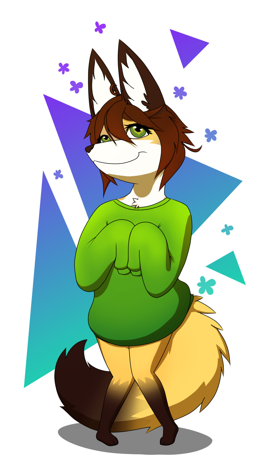 absurd_res anthro baggy_clothing brown_hair brown_markings canid canine clothing female fox fur green_clothing green_eyes green_sweater green_topwear hair hi_res mammal markings orange_body orange_fur ranara simple_background smaller_version_at_source smile solo sweater topwear