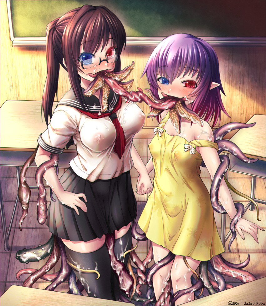 black_legwear black_skirt blue_eyes blush breasts brown_hair classroom collarbone commission covered_nipples cum dress eyebrows_visible_through_hair glasses gradient_hair heterochromia highres holding_hands indoors long_tongue looking_at_viewer medium_breasts medium_hair mouth_tentacles multicolored_hair neckerchief open_mouth original pink_hair pleated_skirt ponytail purple_hair qzo_(akai_kitsune) red_eyes red_neckerchief school_uniform sidelocks skeb_commission skirt small_breasts smile tentacle_girl tentacle_sex tentacle_tongue tentacles thighhighs tongue tongue_out wet wet_clothes yellow_dress yuri