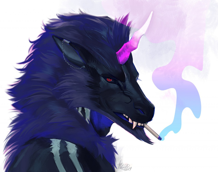 2019 blue_body blue_fur digital_media_(artwork) fur horn looking_at_viewer plgdd red_eyes smoking teeth