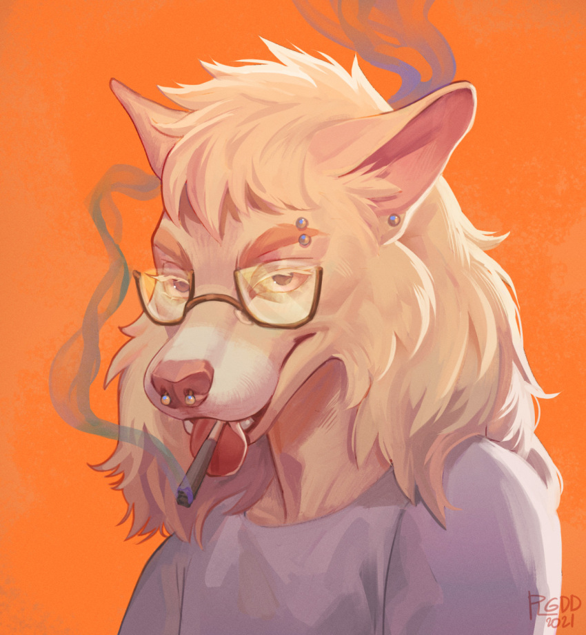 2021 ambiguous_gender anthro canid canine canis digital_media_(artwork) domestic_dog eyewear fur glasses hair hi_res mammal plgdd smile solo white_body white_fur white_hair