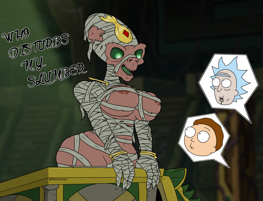 2021 absurd_res adult_swim alien alien_humanoid areola areola_slip big_breasts breasts cartoon_network dialogue english_text female female_focus front_view green_eyes group hi_res human humanoid humanoid_focus male mammal methados morty_smith mummy not_furry open_mouth rick_and_morty rick_sanchez solo_focus text trio undead wide_hips wraps