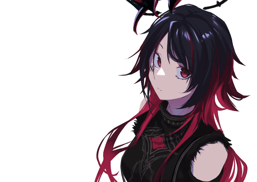 1girl absurdres bangs black_hair black_shirt breasts closed_mouth commentary_request gin_(tttetu123) gradient_hair highres iris_black_games kisaragi_ren_(vtuber) long_hair looking_at_viewer medium_breasts multicolored_hair red_eyes red_hair shirt simple_background smile solo torn_clothes torn_sleeves transparent_background upper_body virtual_youtuber vspo!