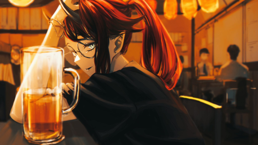 1girl 3others alcohol alternate_costume alternate_hairstyle bangs beer beer_mug black_hair black_shirt blue_eyes chain commentary_request cup demon_girl demon_horns ear_piercing gin_(tttetu123) glasses hand_in_hair high_ponytail highres horns indoors izakaya long_hair looking_at_viewer mug multicolored_hair multiple_others open_mouth people piercing pointy_ears ponytail red_hair round_eyewear ryugasaki_rene shirt solo_focus sugar_lyric two-tone_hair upper_body virtual_youtuber