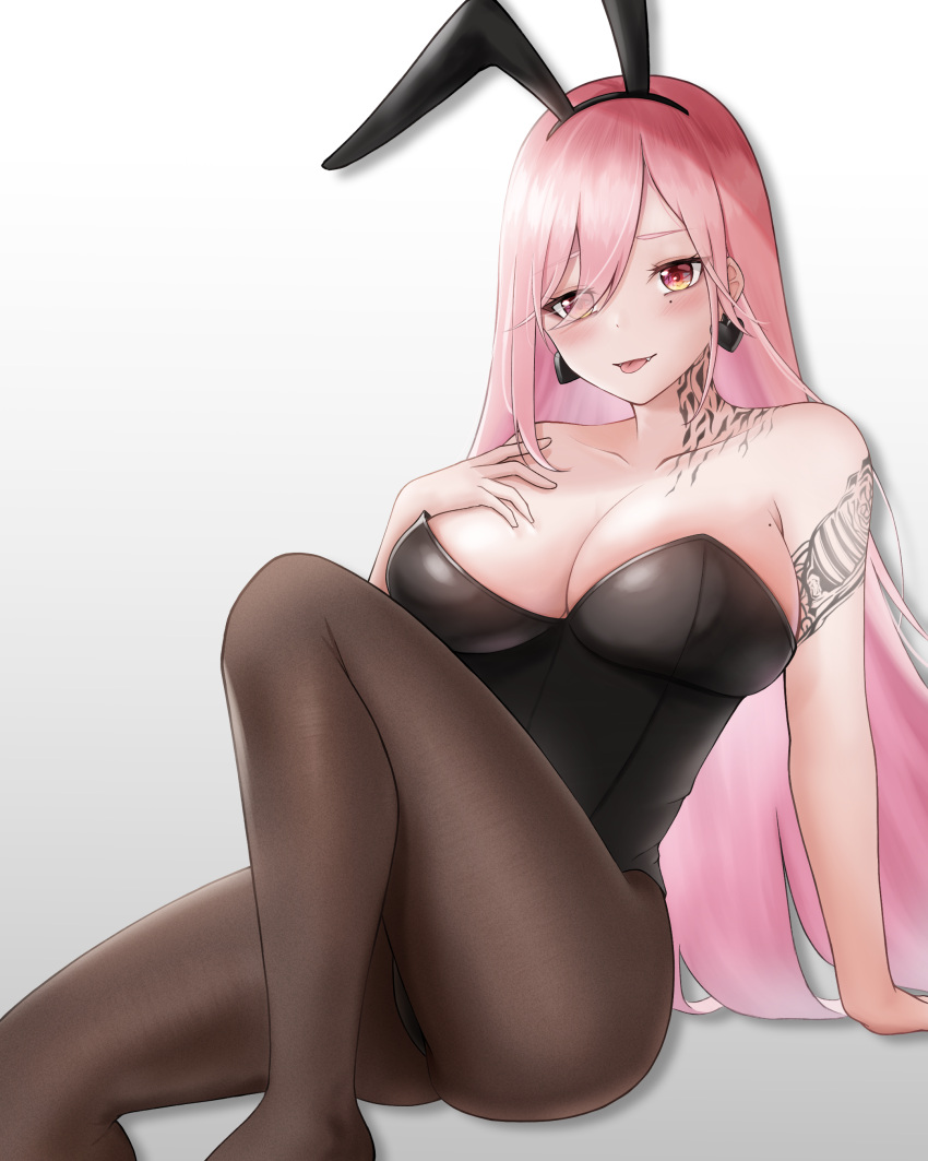1girl absurdres animal_ears arm_tattoo bangs bare_shoulders black_legwear blush breasts cleavage codename696 collarbone earrings eyebrows_visible_through_hair fake_animal_ears fangs fangs_out feet_out_of_frame girls'_frontline hair_between_eyes hand_on_floor hand_on_own_chest heart heart_earrings highres jewelry large_breasts long_hair looking_at_viewer mole mole_under_eye neck_tattoo open_mouth pantyhose pink_hair playboy_bunny rabbit_ears red_eyes sig_mcx_(girls'_frontline) sitting solo tattoo thighs tongue tongue_out white_background
