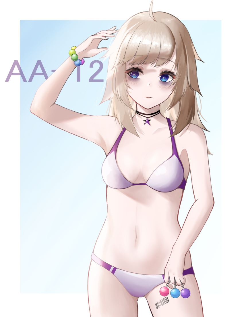 1girl aa-12_(girls'_frontline) absurdres bangs barcode barcode_tattoo bare_shoulders bikini blonde_hair blue_eyes bracelet breasts bruise bruised_eye candy character_name closed_mouth codename696 collarbone eyebrows_visible_through_hair feet_out_of_frame food girls'_frontline hand_up highres holding holding_candy holding_food holding_lollipop injury jewelry leg_tattoo lollipop long_hair looking_up medium_breasts navel neck_ribbon necklace ribbon simple_background solo standing star_(symbol) star_necklace swimsuit tattoo white_bikini white_swimsuit