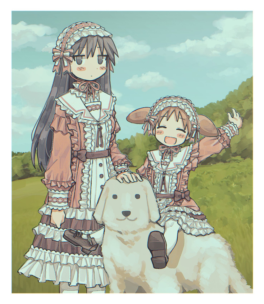 2girls azumanga_daioh black_eyes black_hair blush brown_footwear brown_hair closed_eyes day dog eyebrows_visible_through_hair facing_viewer grass highres long_hair long_sleeves looking_at_viewer mihama_chiyo multiple_girls open_mouth outdoors rnfhv sakaki short_hair short_twintails smile tadakichi-san twintails