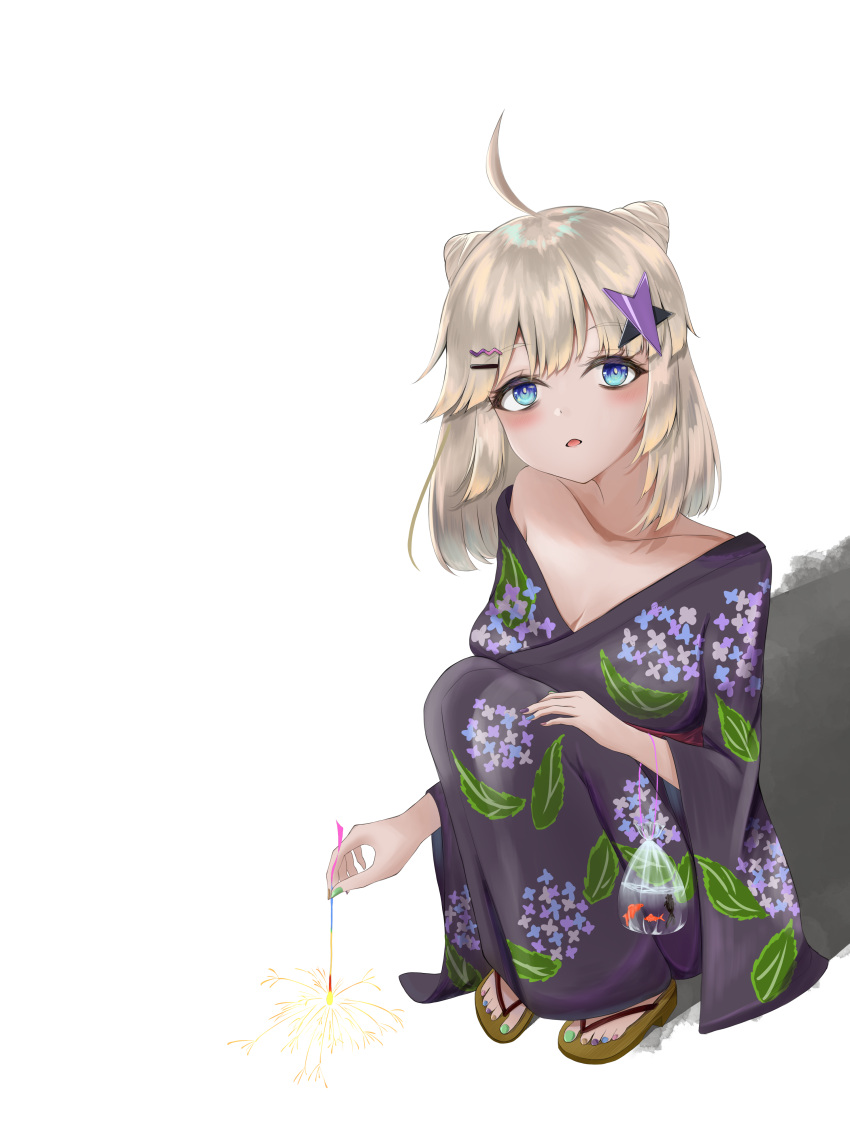 1girl :o aa-12_(girls'_frontline) absurdres ahoge bangs bare_shoulders blue_eyes blush breasts cleavage codename696 collarbone eyebrows_visible_through_hair fireworks from_above girls'_frontline hair_ornament hairclip hand_on_own_knee highres japanese_clothes kimono long_hair looking_at_viewer medium_breasts multicolored_nails nail_polish open_mouth platinum_blonde_hair sandals sitting solo star_(symbol) star_hair_ornament toenail_polish toenails white_background yukata